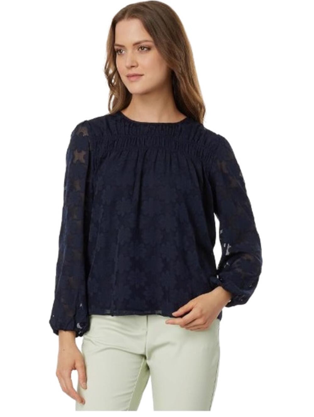TOMMY HILFIGER Women's Popover Floral Blouse Medium Navy Blue Long Sleeve NWT